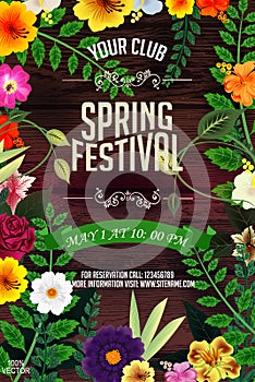 Vector design of the flyer with leaves on wooden. Vector spring or summer  background