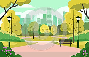 Vector Design of Green Trees in City Park with Skyscraper Building in Bright Day