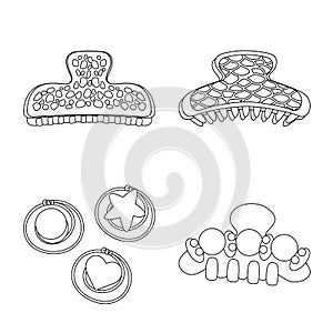 Vector design of hairdressing and hairclip sign. Set of hairdressing and accessories vector icon for stock.