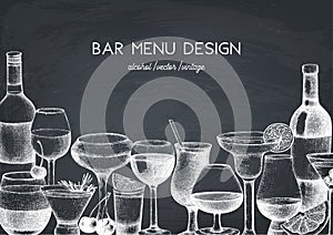 Vector design with hand drawn drinks illustration. Vintage beverages sketch background. Retro template isolated on chalkboard. Res