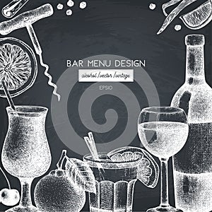 Vector design with hand drawn drinks illustration. Vintage beverages sketch background. Retro template isolated on chalkboard. Res