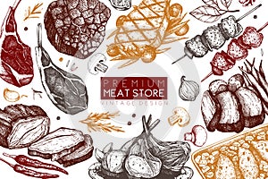 Vector design with hand drawn food illustration. Meats top view frame. Restaurant menu. Meat products design template.