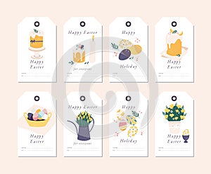 Vector design Happy Easter greetings elements on white background. Spring holiday tags set with typography and colorful