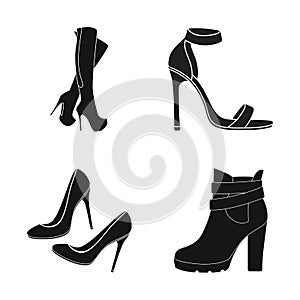 Vector design of heel and high logo. Collection of heel and stiletto stock symbol for web.