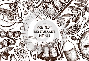 Vector design with ink hand drawn food illustration isolated on white for restaurant or cafe menu.