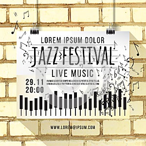 Vector design of Jazz music festival, poster background template. keyboard with music notes. brick wall, background