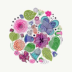 Vector design made of natural elements. Set of flowers, leaves and butterflies stylized in folk style