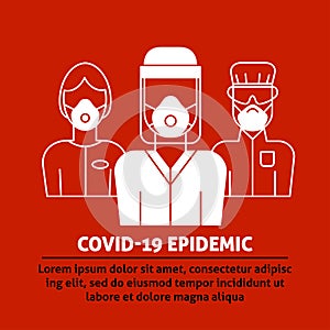 A vector design with medical avatars of doctors and nurses in protective medical clothes with masks.