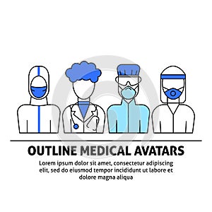 A vector design with medical avatars of doctors and nurses in protective medical clothes with masks.