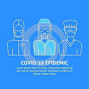 A vector design with medical avatars of doctors and nurses in protective medical clothes with masks.