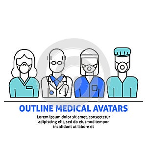 A vector design with medical avatars of doctors and nurses in protective medical clothes with masks