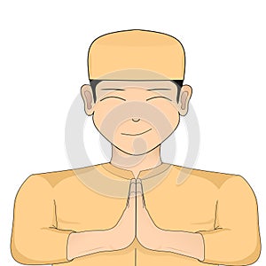 Vector design of muslim boy with cream koko shirt and peci (cap), Ied Mubarok cartoon, isolated on white background