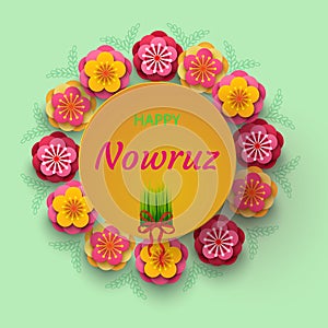 Vector design of the Novruz holiday. Template of the holiday template Novruz. Green grass with a red bow, paper flowers
