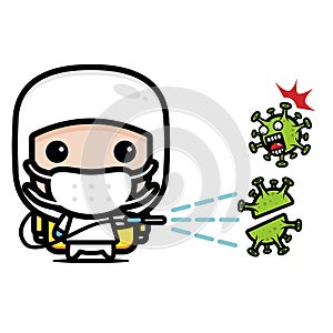 vector character of funny officer spraying disinfectant to eradicate the virus photo