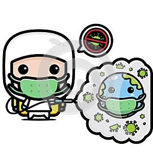 vector character of officer spraying disinfectant to eradicate the virus photo