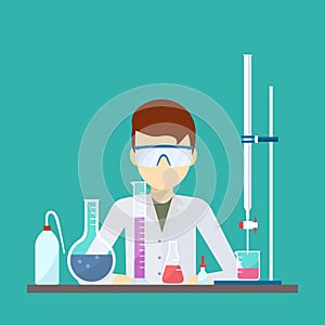 Vector design of scientist with chemical titration equipment.