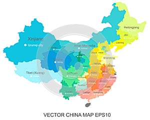 Vector design set of political China map with states and their respective province name and border.