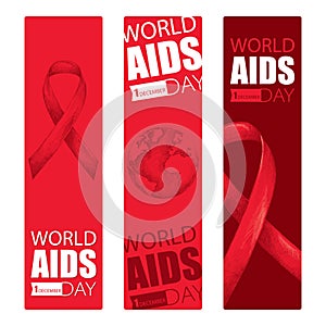 Vector design set with vertical banner with red ribbon and earth planet. AIDS Awareness symbols in sketch and line art style.
