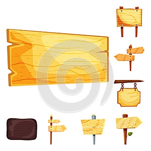 Vector design of signboard  and wood logo. Set of signboard  and wooden stock symbol for web.