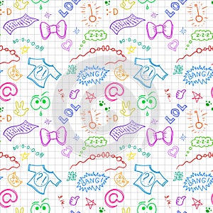 Vector design for teenager seamless textile print with modern symbols of youth on note paper.