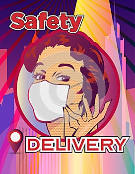 Vector design template with girl wearing face mask and showing fingers sign ok. About safety delivery when  COVID-19 time