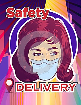 Vector design template with girl wearing face mask and showing fingers sign ok. About safety delivery when  COVID-19 time