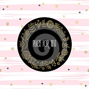 Vector design template with gold floral frame on stripe background