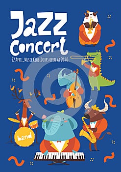 Vector design template for jazz music poster with cartoon animals playing music instruments