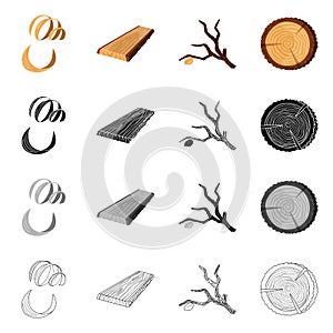 Vector design of tree and raw icon. Set of tree and construction stock symbol for web.