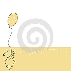 Vector design of valentine`s day card with a cute falling in love  bunny in a balloon.  Illustration with place for text