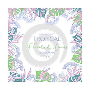 Vector Design Vector frame template with tropical green leaves and flowers on white background.