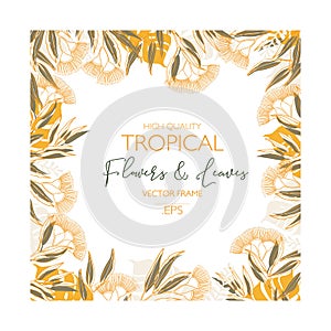 Vector Design Vector frame template with tropical green leaves and flowers on white background.