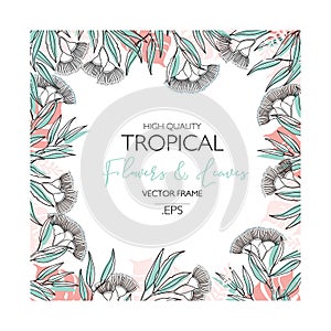 Vector Design Vector frame template with tropical green leaves and flowers on white background.