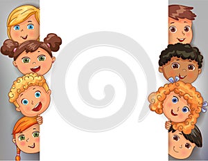 Vector design white blank banner with faces cute kids