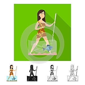 Vector design of woman and neanderthal sign. Set of woman and fish vector icon for stock.