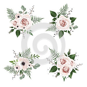 Vector designer elements set collection of green forest leaves, and flowers in watercolor style.