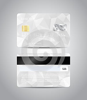 Vector detailed credit cards set with white triangular abstract background