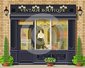 Vector detailed flat design vintage boutique facade. Cool graphic fashion shop exterior. photo