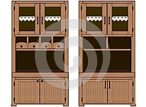 Vector: Detailed illustrated cupboards set with drawers, napkins, buffet doors,...