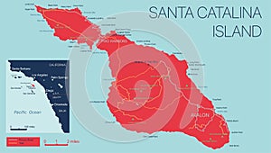 Vector detailed map of Santa Catalina Island, California, USA