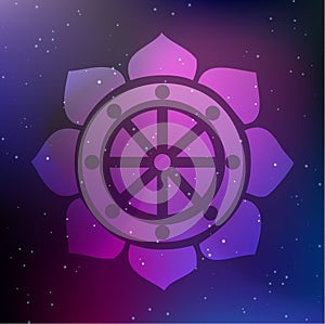 Vector Dharma Wheel in Lotus Flower on a Cosmic Background