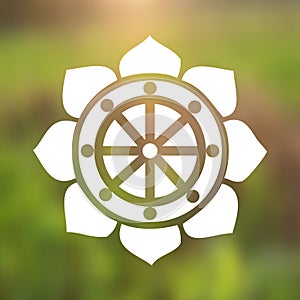 Vector Dharma Wheel in Lotus Flower on a Cosmic Background