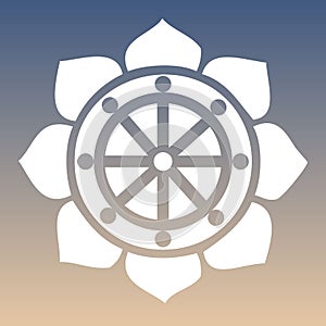 Vector Dharma Wheel in Lotus Flower on a Natural Background