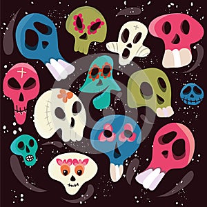 Vector Dia de Los Muertos. A set for celebrating the day of the dead. Decorated skulls. Background of a vector illustration.