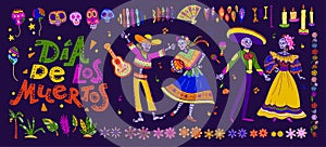 Vector dia de los muertos set of mexico traditional elements, symbols & skeleton characters in hand drawn style isolated on dark b photo