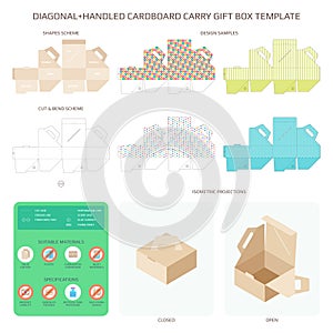 Vector diagonal handled carry cardboard gift box templates set