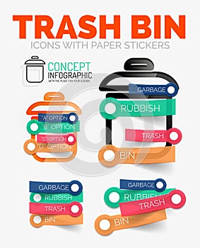 Vector diagram elements set of trash or garbage bin icons with plastic paper style stickers for text
