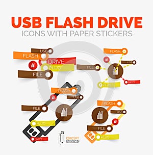 Vector diagram elements set of USB flash drive icons with plastic paper style stickers for text