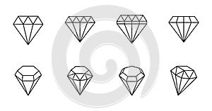 Vector diamond icon. Collection of 8 editable stroke icons. Faceted diamonds of various shapes. Design elements, logo, symbol of