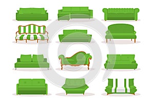 Vector Different Green Leather Luxury Office Sofa, Couch Icon Set in Flat Style Isolated on White Bsckground. Simple